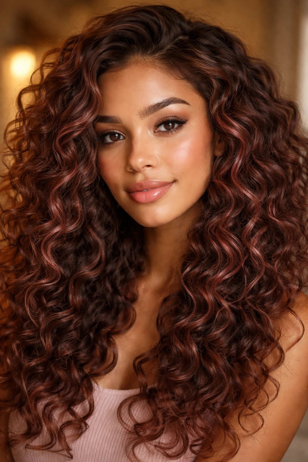 Rose brown on long curly hair