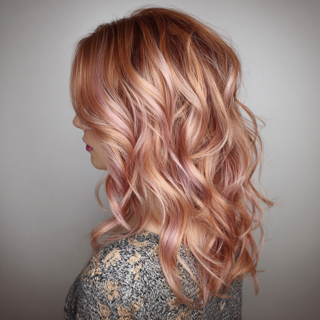 Medium-length rose gold blonde waves in profile