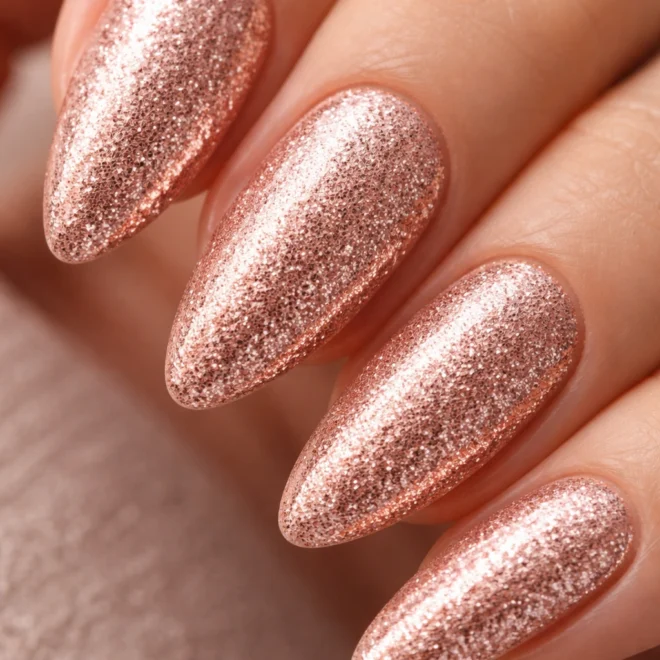 Rose gold glitter ombre on long coffin nails