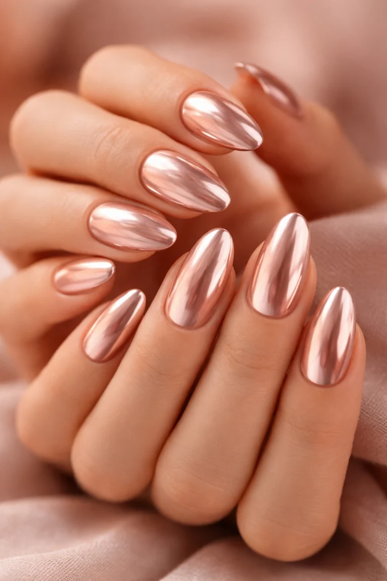 Almond-shaped rose gold chrome nails with a glossy blush-metallic finish