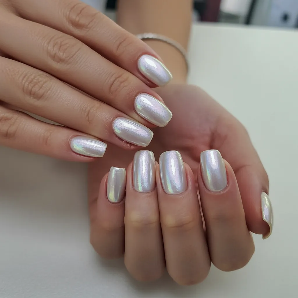 White pearl chrome shimmer nails