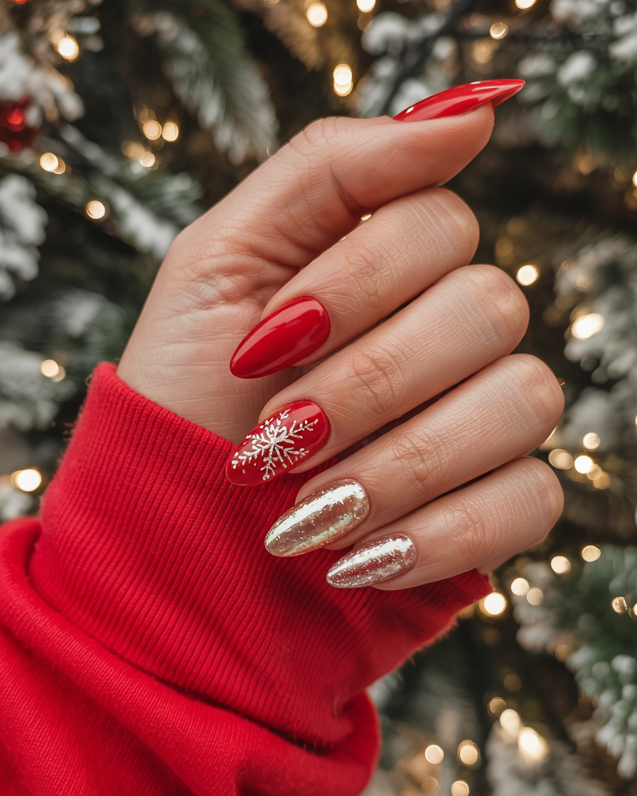 Medium almond nails in classic red mixed with gold glitter accent nails