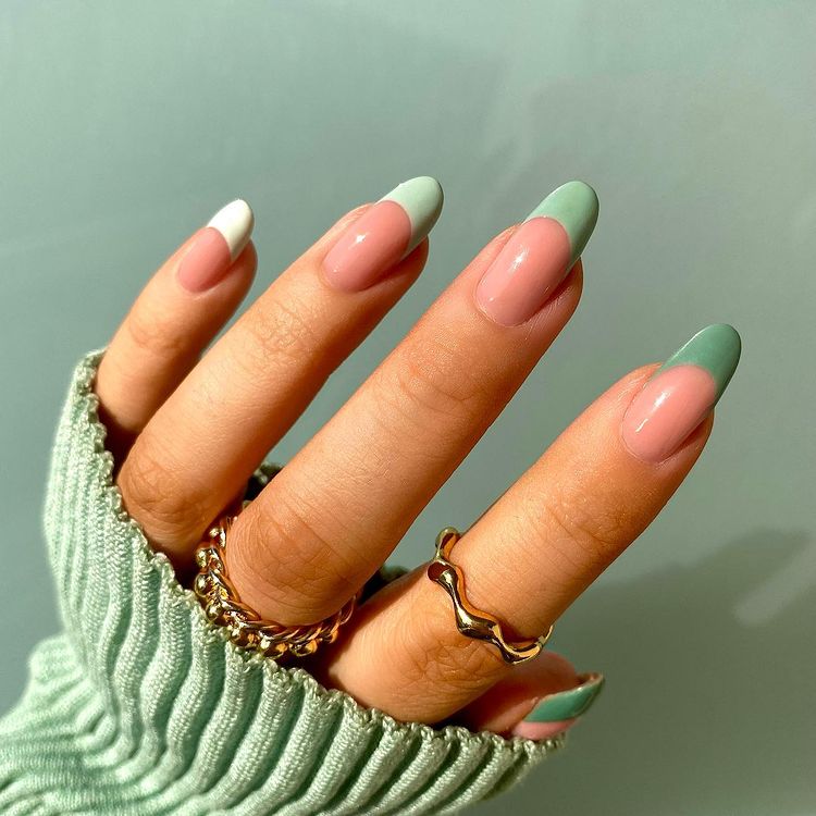 Sage-to-emerald gradient French nails