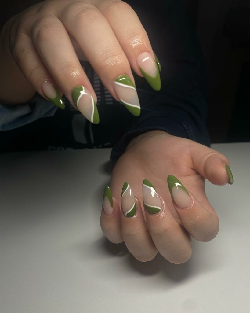 Olive green and nude almond nails with fine white lines