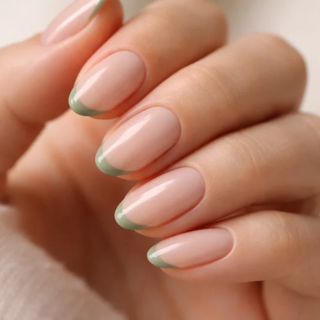 Short almond nails with sage green micro French tips over a sheer nude base