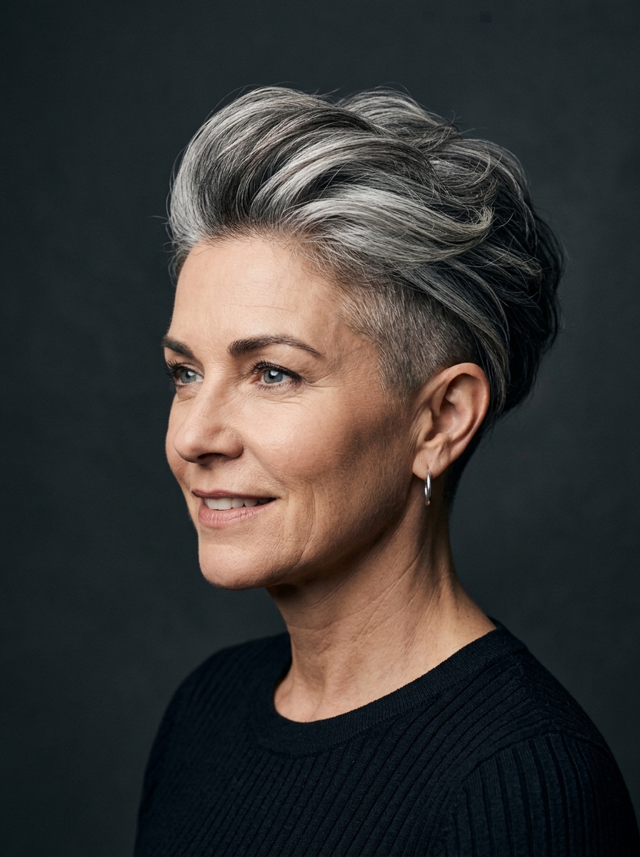 Older woman with a swept salt-and-pepper crop and tapered sides