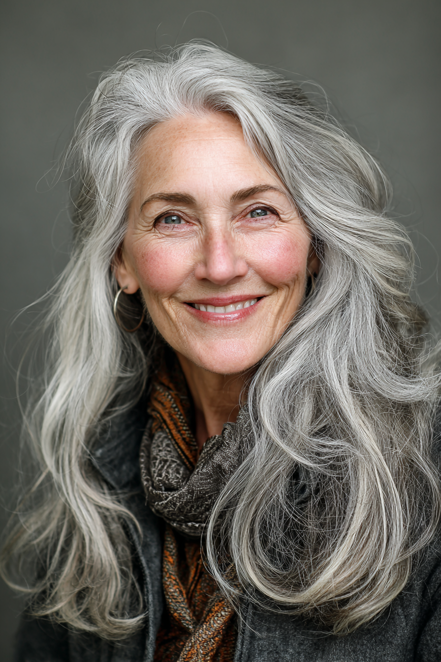 Long silver-grey hair with soft layers