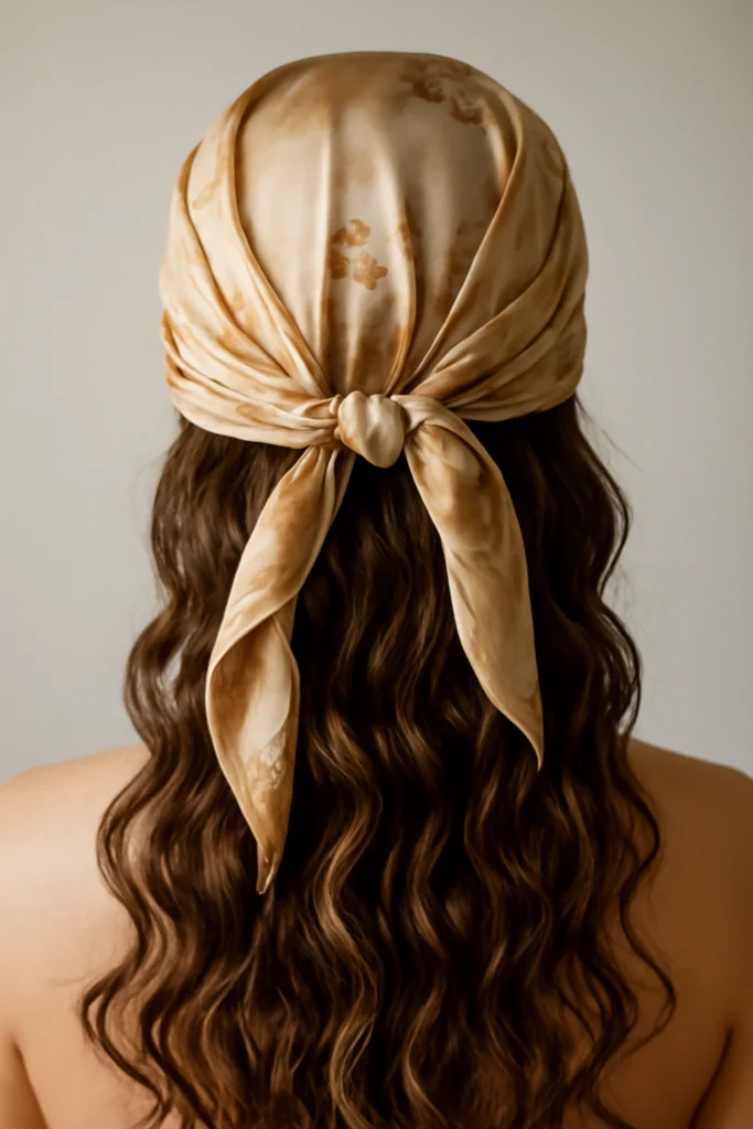Woman with long wavy hair wearing a champagne tie-dye silk headscarf knotted at the back