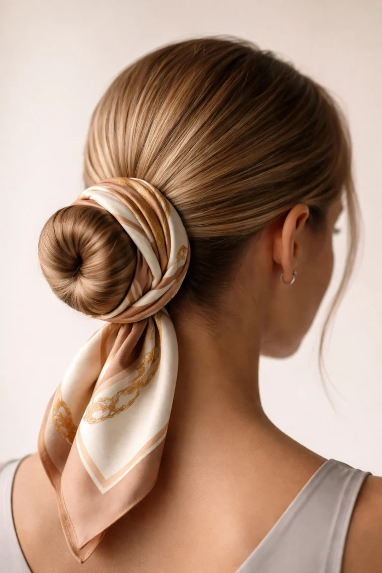Woman with a low bun wrapped in a silk scarf hairstyle