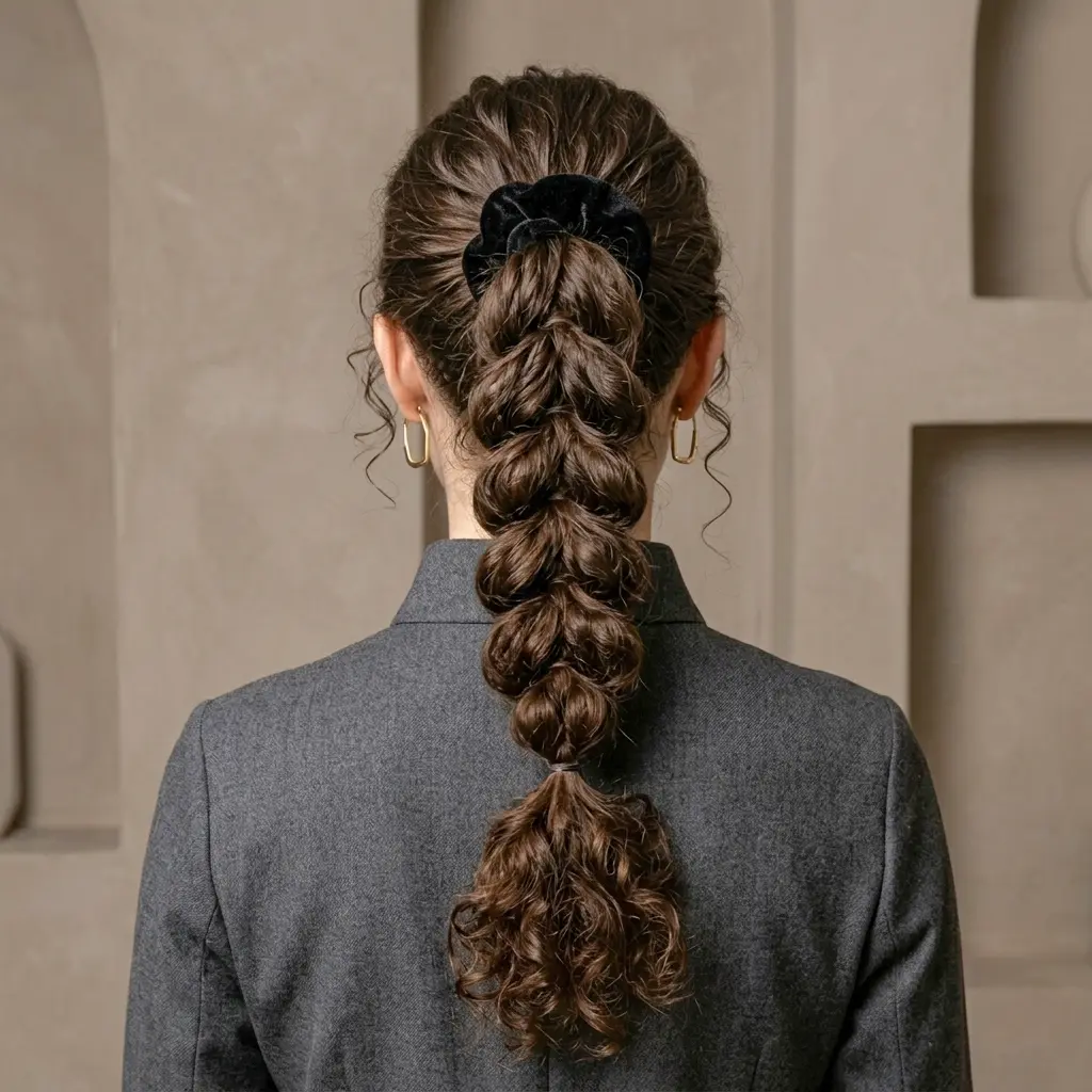 Bubble ponytail hairstyle with velvet scrunchie