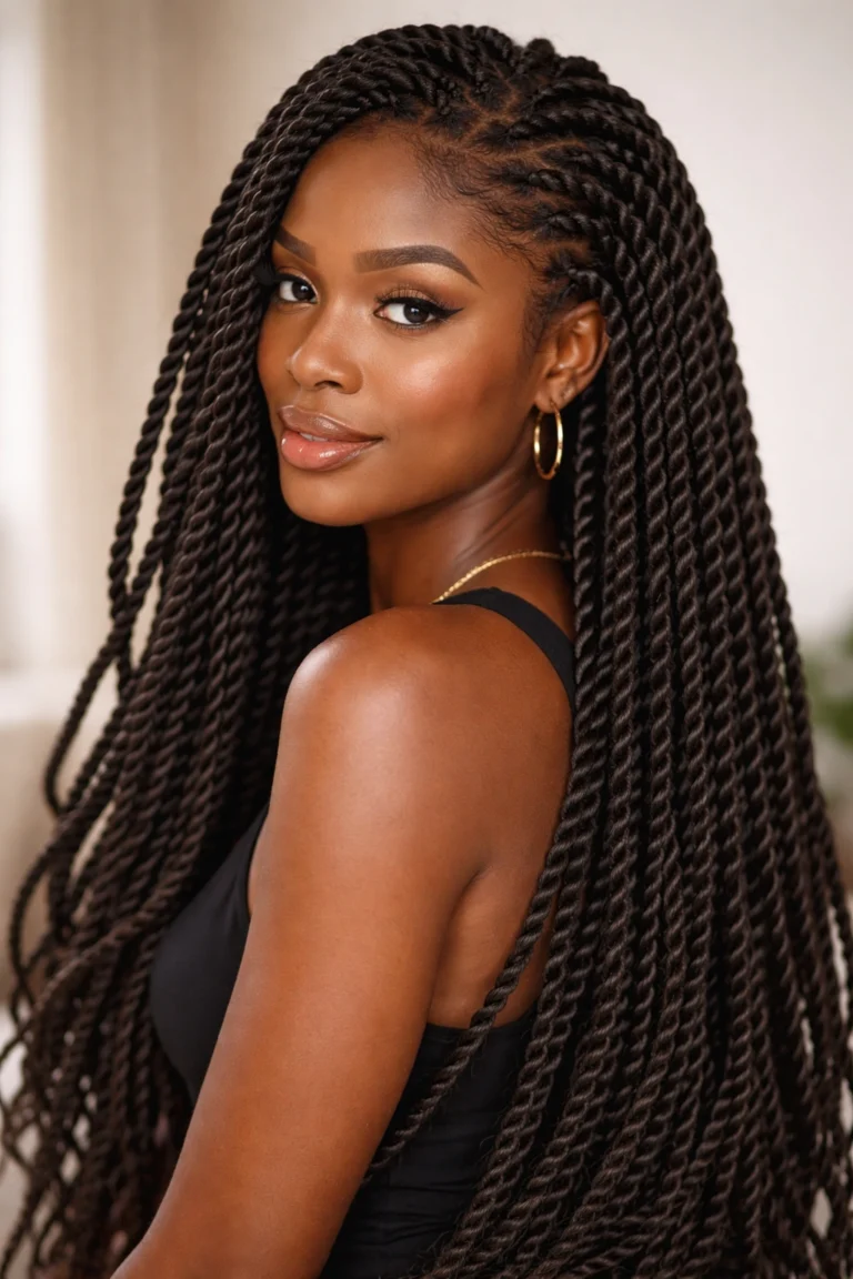 Long black Senegalese twists worn over one shoulder