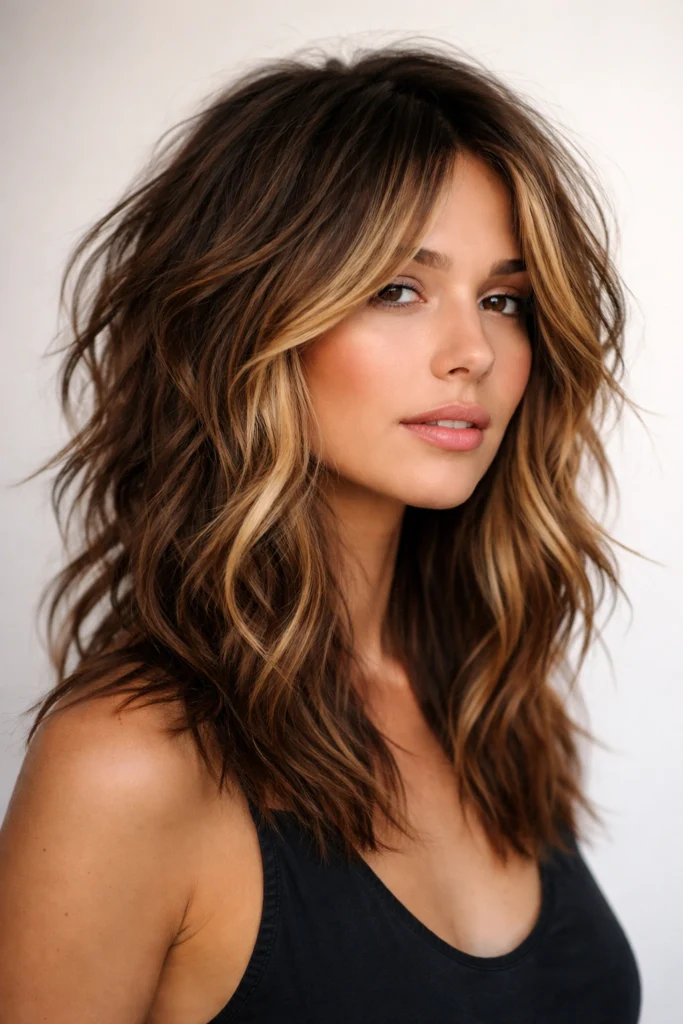 Textured medium-length haircut with caramel balayage highlights
