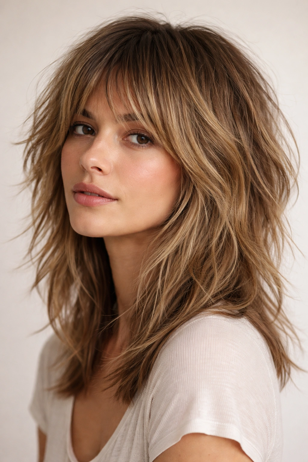 Soft shag haircut with long movement layers and natural texture
