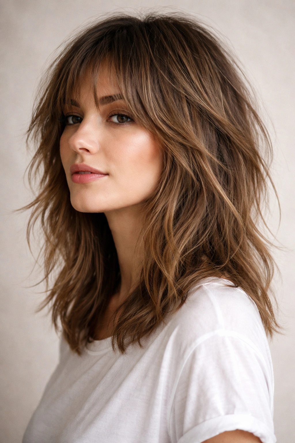 Layered shag lob with face-framing pieces in caramel brown