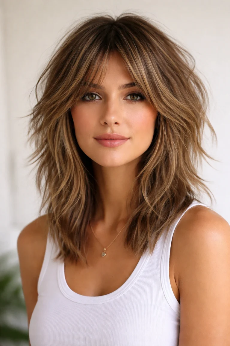 Woman with a shaggy tousled lob, wispy bangs and feathered brown layers