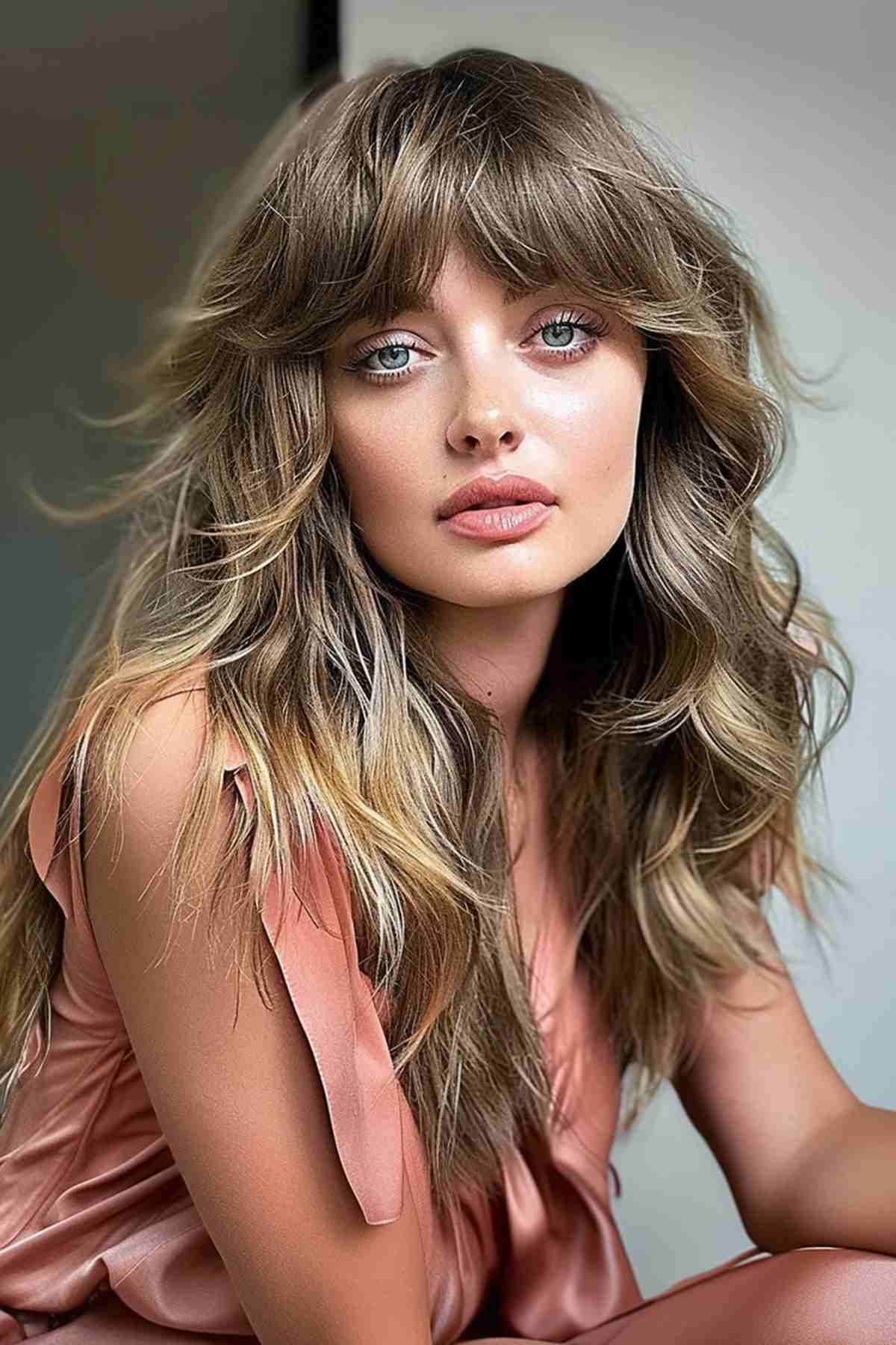Woman with a long layered haircut and curtain bangs