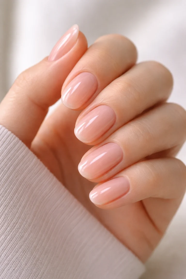 Short almond nails with a sheer ballet pink polish and high gloss