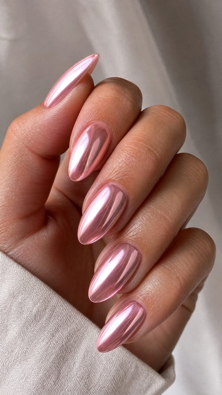 Hand showing glossy pink chrome nail polish