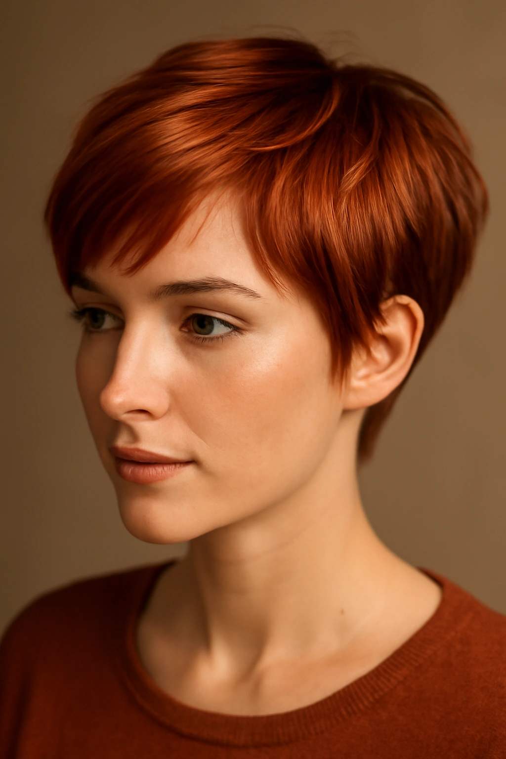 Copper pixie haircut with warm texture