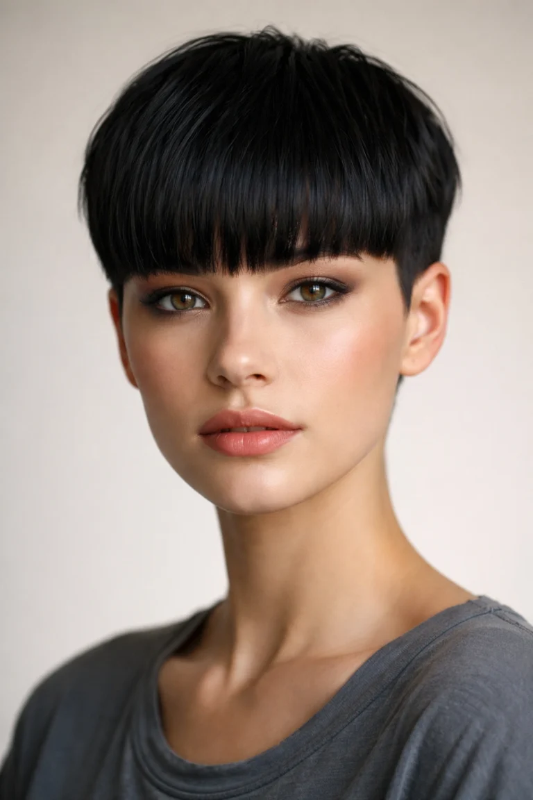 Woman with a textured black short crop haircut and straight fringe