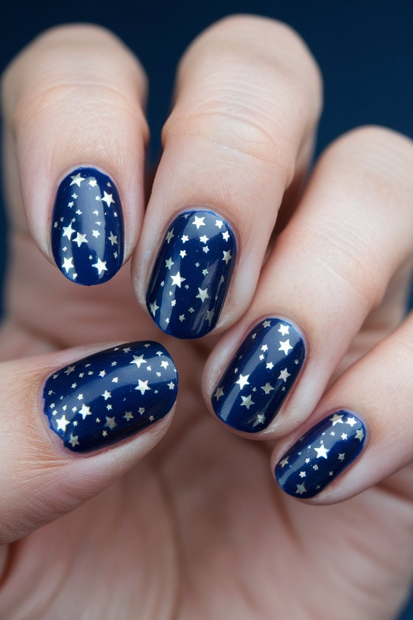 Short nails in midnight navy with gold star decals