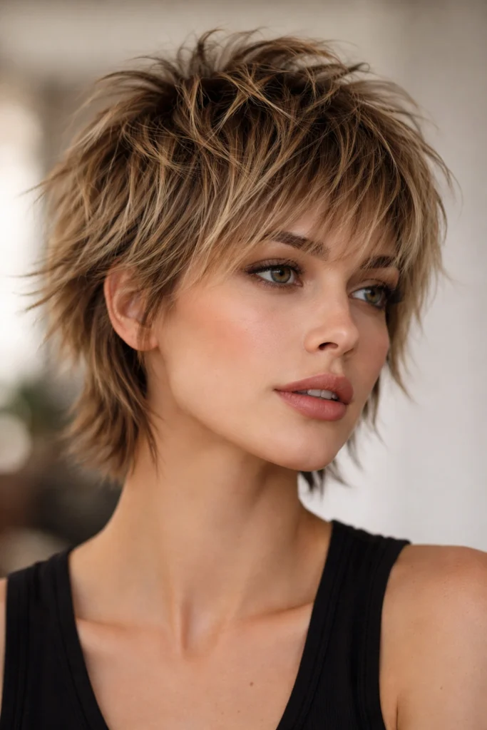 Highlighted shaggy pixie with choppy layers and textured bangs