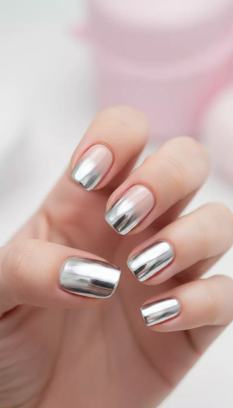 Short winter nails in icy silver mirror chrome finish