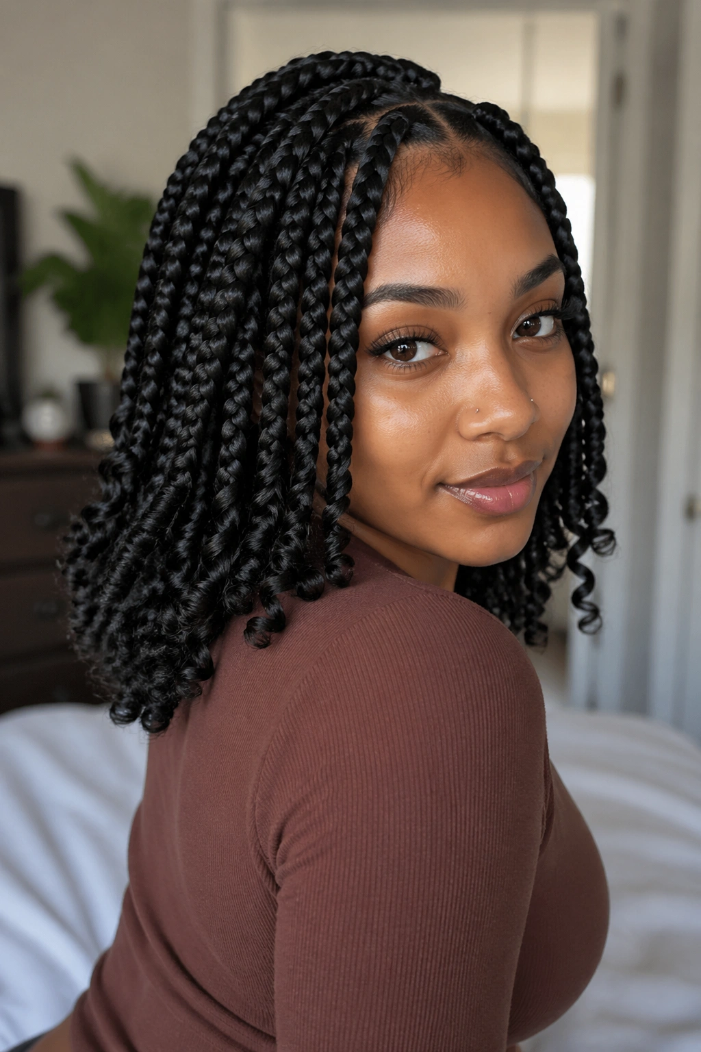 Shoulder-length jumbo braids with loose curly ends