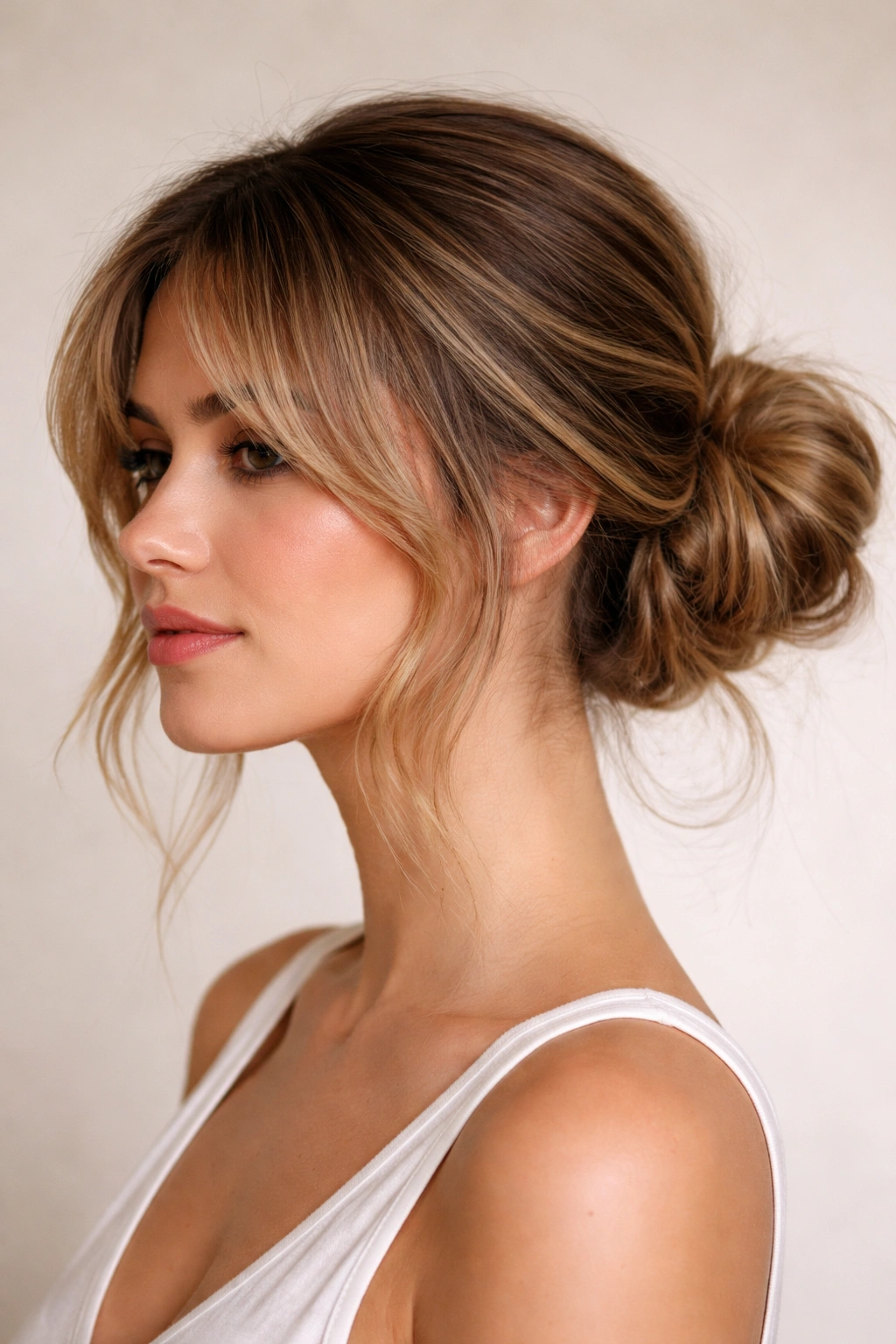 Low textured bun with curtain bangs