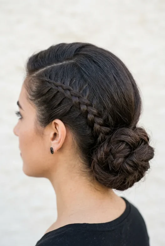Woman with a side-swept French braid gathered into a low bun