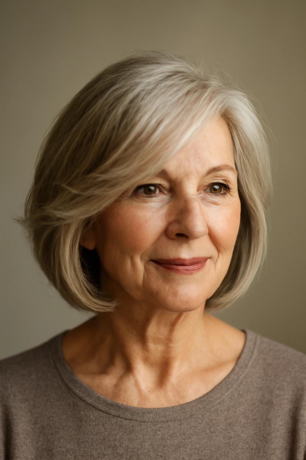 Older woman with a soft silver bob and a long side-swept fringe