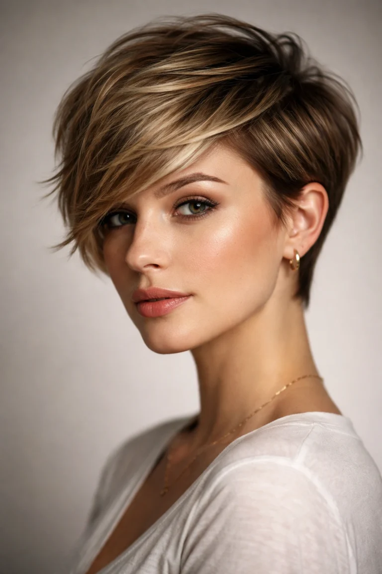 Textured blonde pixie haircut with a long side fringe