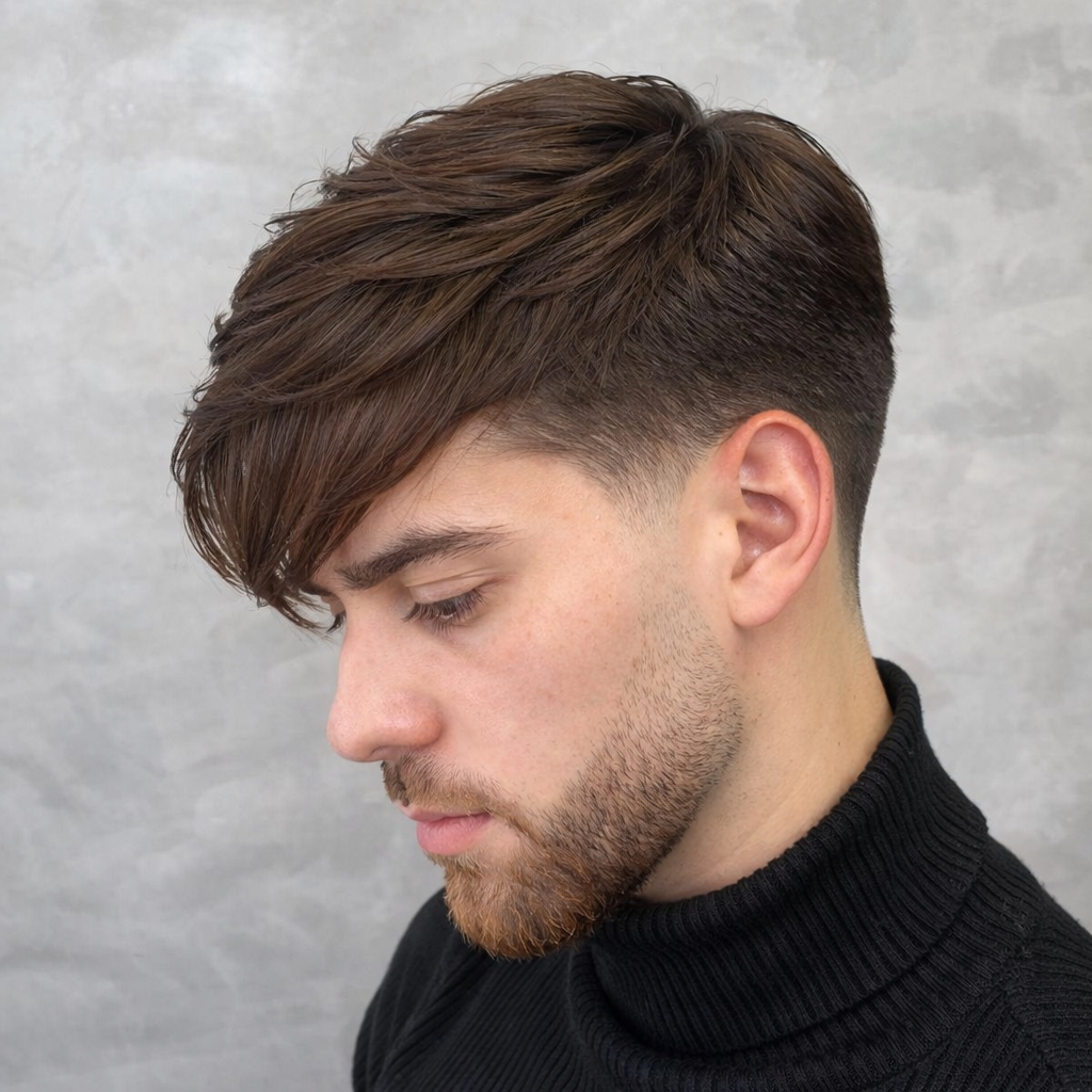 Man with a side-swept fringe and taper fade