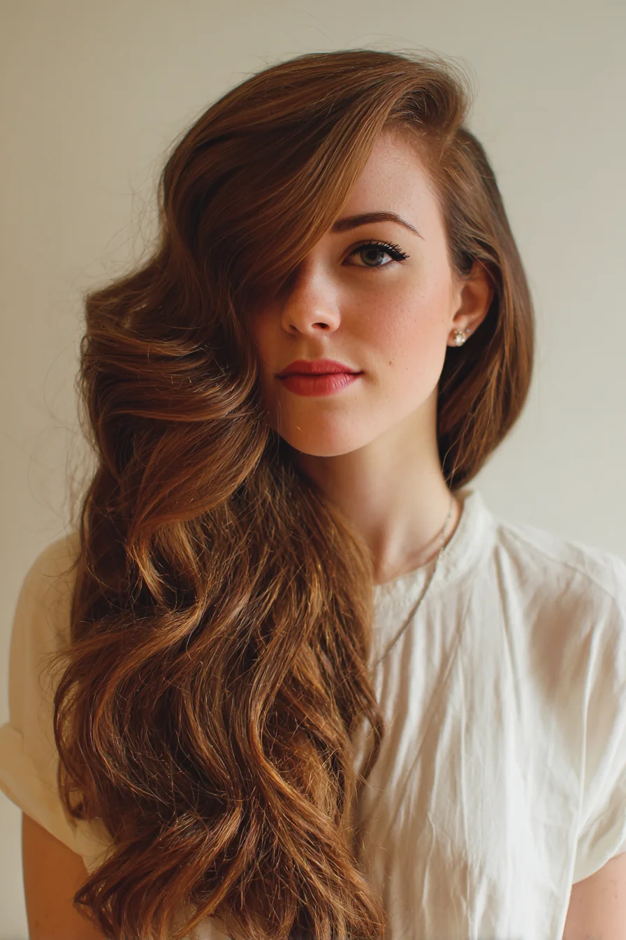 Long auburn hair swept to one side in soft voluminous waves with a deep side part