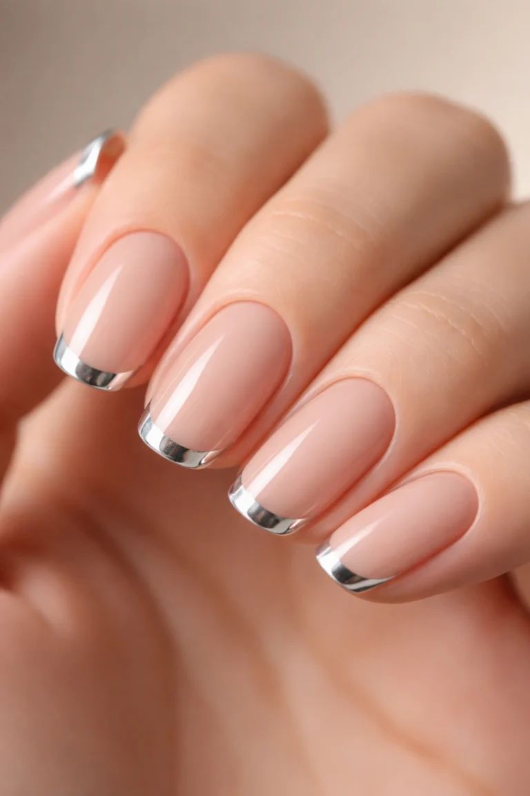 Micro French nails with a thin silver chrome tip line
