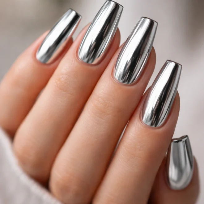 Long coffin nails in full silver chrome