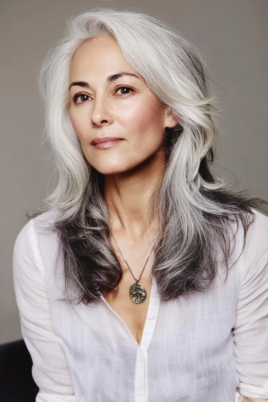 Long silver gray blended layered hair with darker lowlights