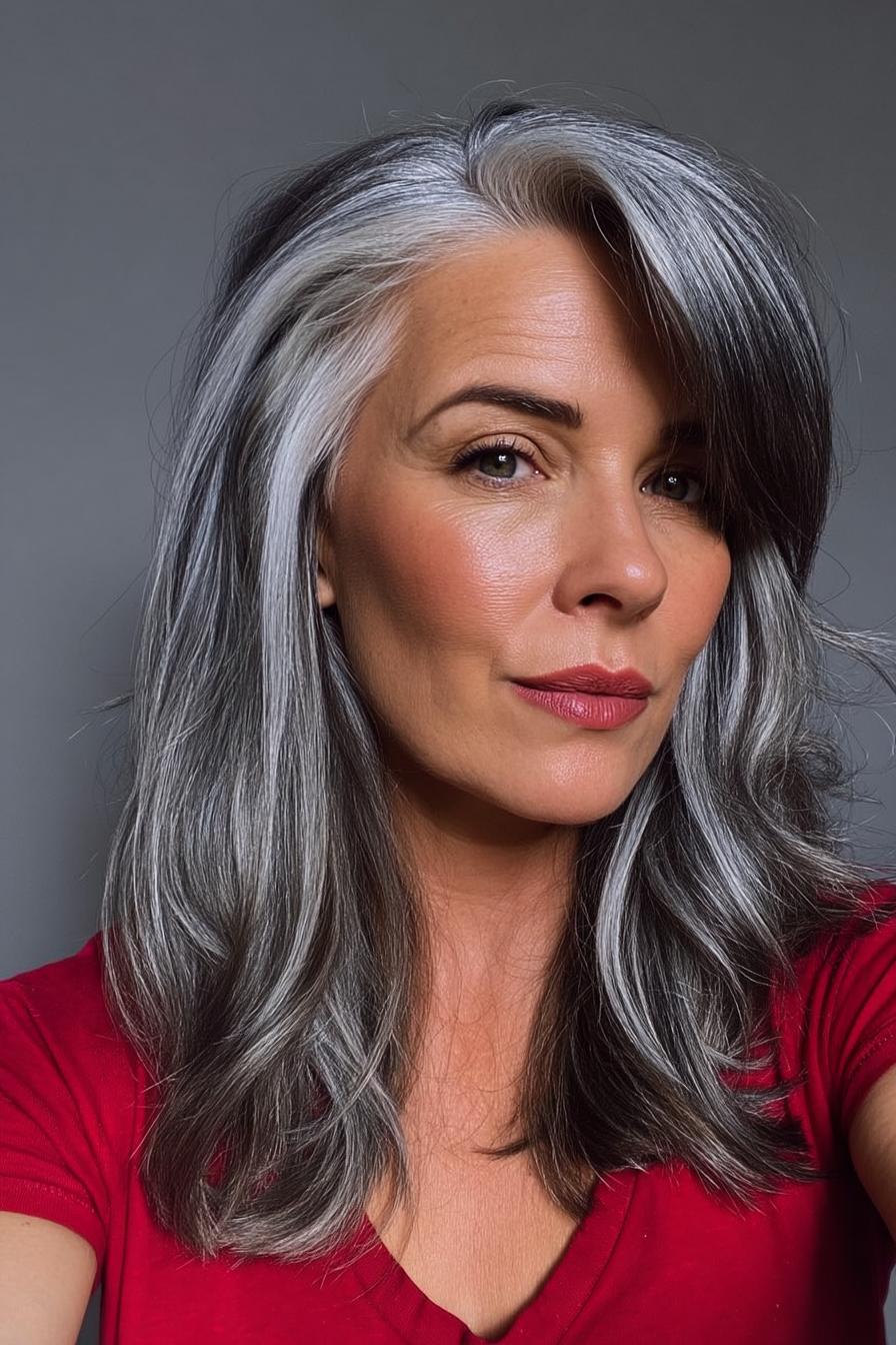 Gray hair with fine silver babylights in layers