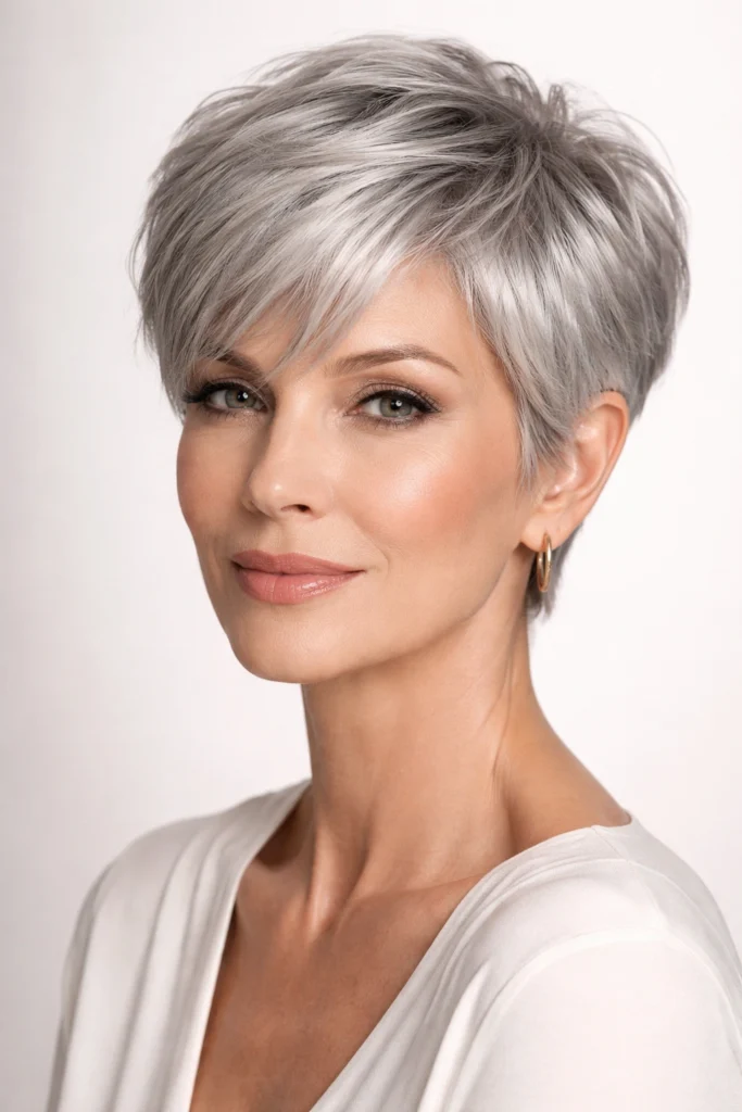 Woman with a textured silver pixie and a wispy fringe across the forehead