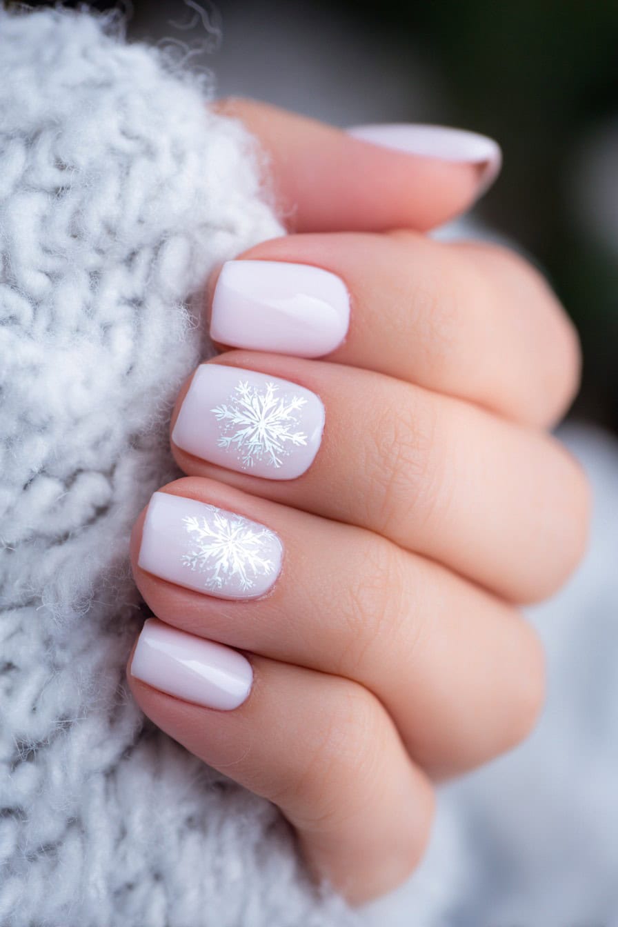 Short square nails in sheer milky pink with white snowflake art on accent nails, hand tucked in a cozy knit sleeve.