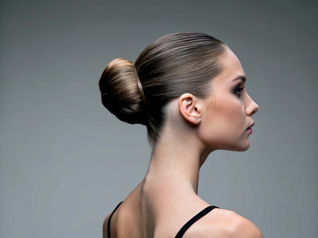 Light brown hair smoothed into a sleek low bun at the nape