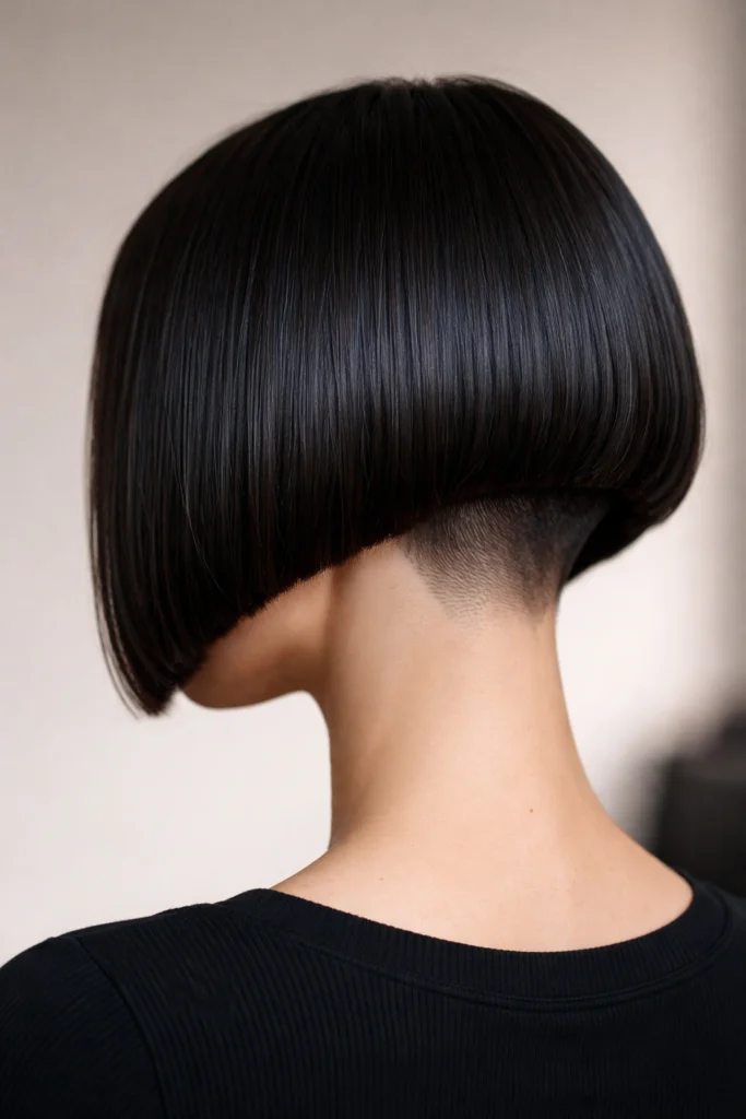 Sleek blunt bob with a nape undercut on a woman