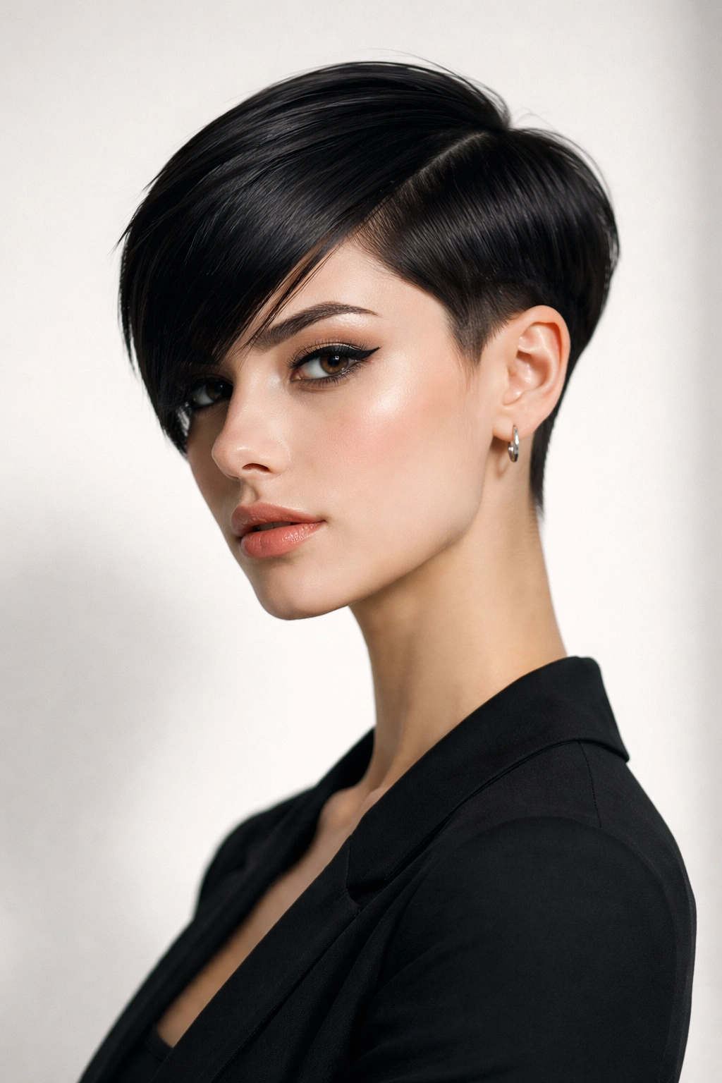 Jet black glossy pixie haircut