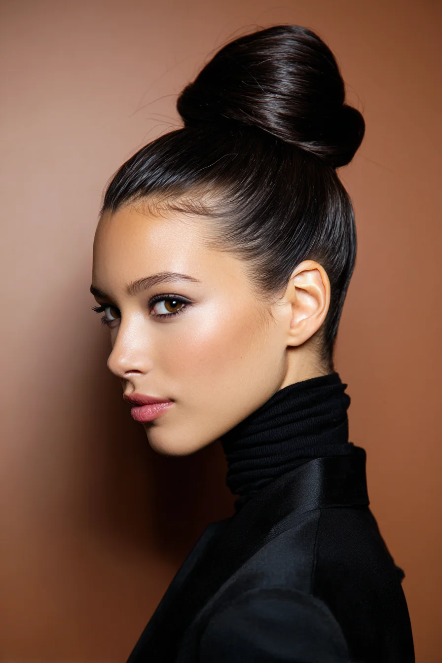Sleek high wrapped topknot bun on dark hair