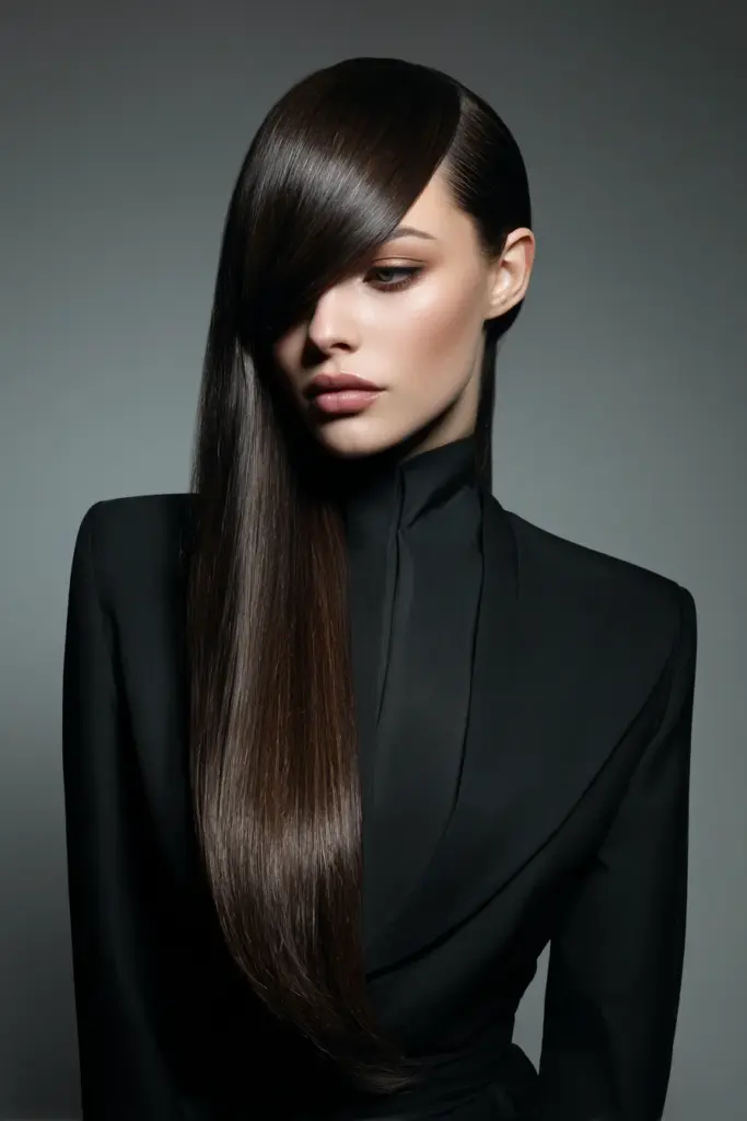 Sleek long straight hair with a deep side part