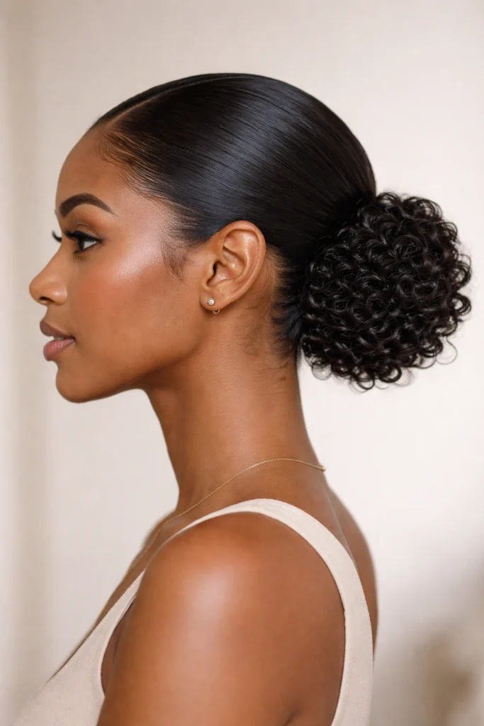 Side profile of a sleek low bun with defined curly texture