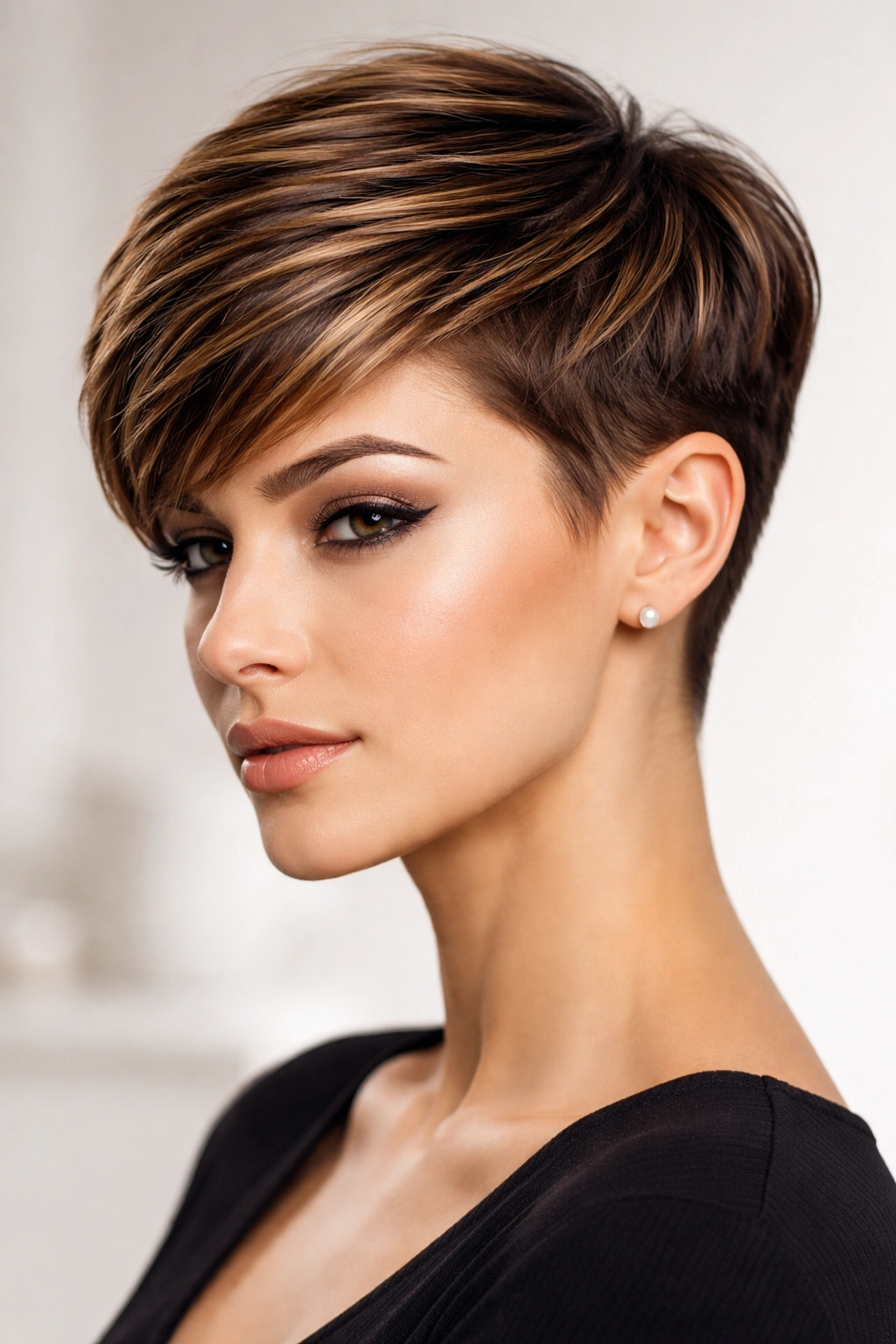 Sleek pixie haircut with sculpted caramel highlights