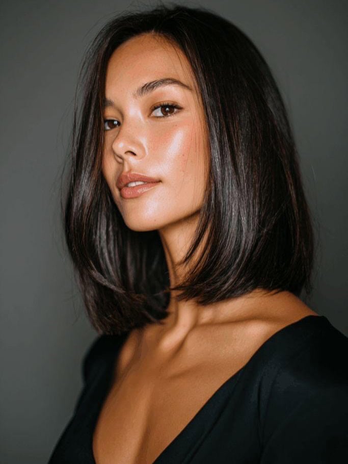 Woman with a shoulder-length straight lob haircut with a side part