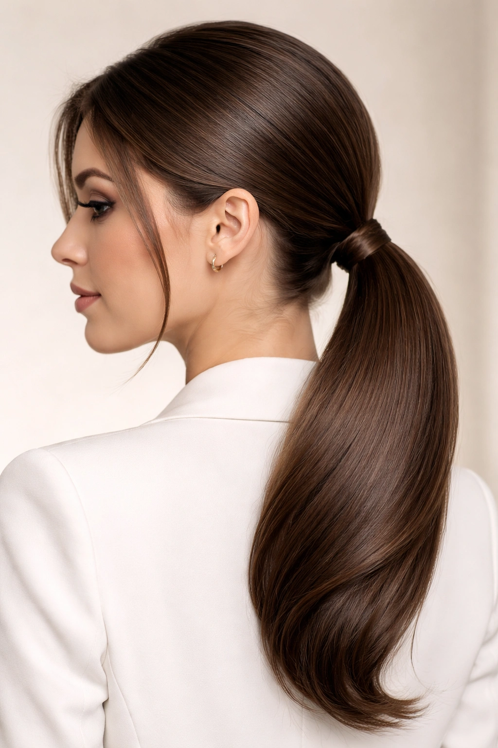 Woman with a sleek side ponytail with wrapped base hairstyle