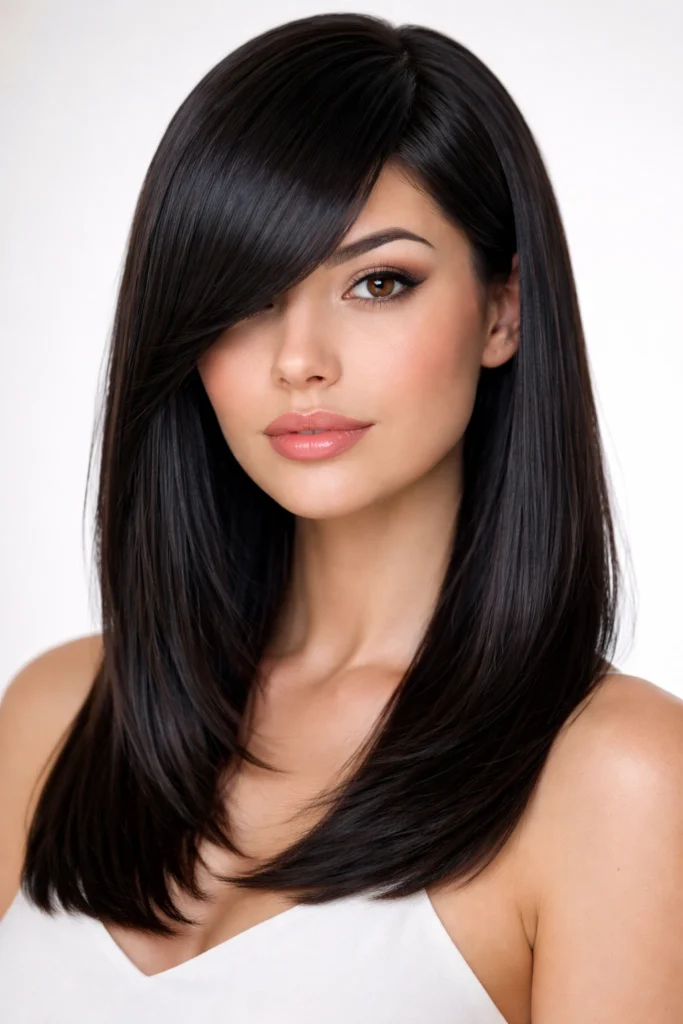 Glossy straight black hair with angled side bangs